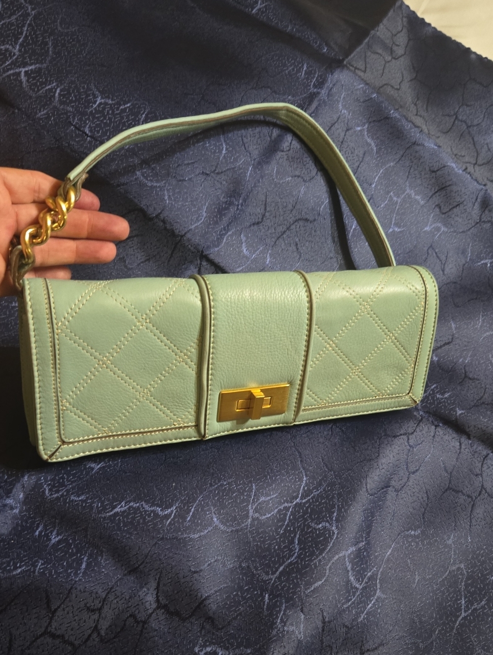 Sky Blue Mint Color Gorgeous Quilted Clutch Or Sholder Bag with Gold Turn-Lock